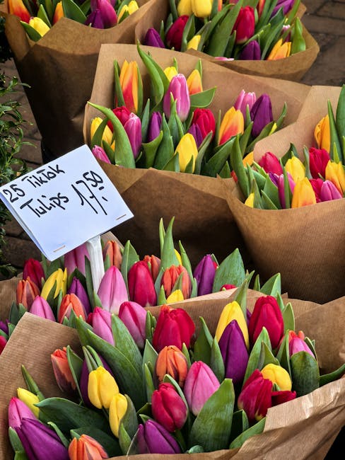 Multiple bouquets of fresh tulips with vibrant red, pink, yellow, and purple petals, wrapped in brown craft paper with green leaves and stems visible. The bouquets are arranged on a wooden surface, wi