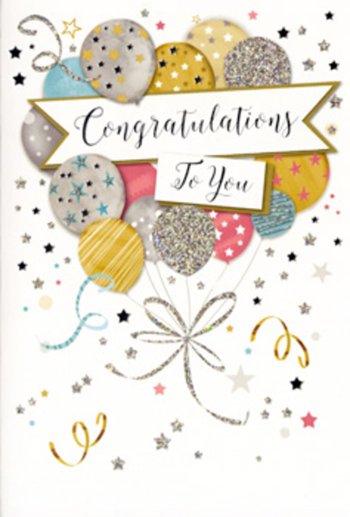 The artwork on this congratulations card unfolds like a gentle burst of celebration, the kind of understated joy you might feel walking home through Earlsfield after sharing good news with friends. Dominating the design is a bouquet of illustrated balloons, gathered into a loose, upward-reaching cluster that feels light enough to drift toward the sky above Garratt Lane. The colour palette is carefully chosen: satin gold, soft silver, champagne beige, sky blue, tender blush pink and calming grey, each balloon catching the imaginary light with a subtle metallic sheen. Several balloons are sprinkled with tiny star motifs, some are ringed with slim stripes, and others appear to be dusted with fine glitter, adding visual texture and a sense of touchable detail even though the surface is smooth card. From the base of the bouquet, slender ribbons in gold and silver descend in relaxed spirals, echoing the carefree movement of party streamers after a family celebration in SW18. Across the front, a gently curved banner unfurls, bearing a Congratulations message in graceful, calligraphic lettering that feels both personal and polished, as if it were lettered just for the recipient. Surrounding the focal design, delicate stars, curling flourishes, and tiny dots of confetti are scattered over a pale, airy background, giving the composition rhythm and a sense of buoyant motion. As a florist used to pairing cards with hand-tied bouquets in Earlsfield, this design feels perfect for proud moments-graduations, promotions, new beginnings-when you want to send not just flowers, but a tiny celebration in card form, something the recipient can keep long after the petals have fallen.
