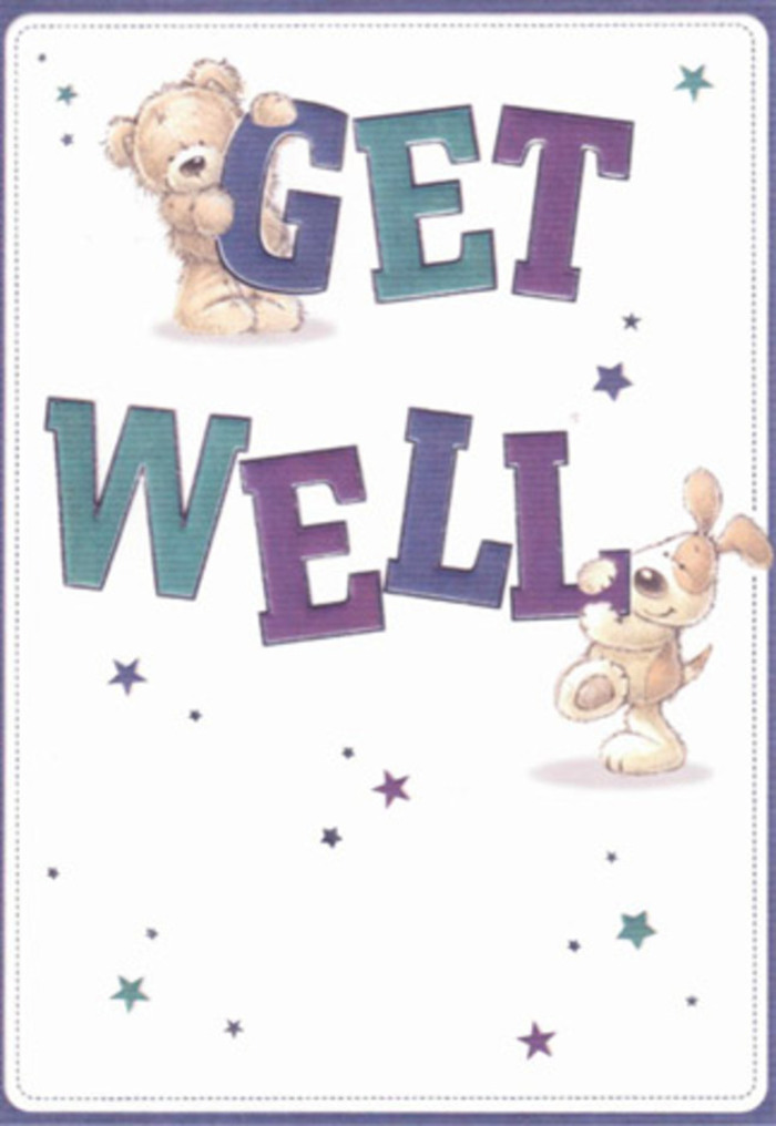 Evoking the nurturing heart of Earlsfield, this get well card features delightfully illustrated figures-a cuddly chestnut bear and an eager puppy-joining forces to offer optimism and encouragement. The scene echoes the vibrant energy of local markets on Garratt Lane: bold, chunky letters in shaded purples and teals are artfully woven into the design, serving as a playful foundation. The bear, rendered in soft, strokable tones, leans lovingly on the upper letters, while the puppy, with its velvety ears and wide, comforting eyes, supports 'WELL' below. Floating nearby are twinkling stars, scattered across a luminous pale background, their blue and violet hues recalling twilight skies above King George's Park. The whole composition exudes the same thoughtful arrangement as a bouquet from Earlsfield Flowers-every detail placed to ease, uplift, and remind someone that care surrounds them. Sensory textures and a gentle, celebratory tone make this card a perfect gesture to combine with a floral delivery to anyone needing support-its sense of reassurance as welcoming as a friend popping by for a chat along Magdalen Road.