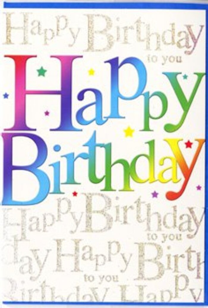 In the photograph, a birthday card stands centred and upright, its design carrying the carefree exuberance of a celebration spilling out onto Earlsfield's streets. The front is dominated by the words Happy Birthday, written in a confident, sweeping typeface that feels both modern and friendly. Each letter is saturated with colour, and together they form a rich rainbow effect: reds at one end, then softening to corals and oranges, brightening into lemon and gold, cooling into mint and leafy green, before drifting into deep sea blues and luxurious purples. Rather than flat blocks, the colours are shaded and blended, so each letter appears softly illuminated, as if lit from within by birthday candles. Behind this striking headline, the background is completely filled with the phrase Happy Birthday to you, repeating in delicate gold handwriting. The script has a gentle, looping style, as though someone has written it by hand over and over with patient care. The metallic gold ink catches and reflects light in tiny glints, like the twinkling of glasses and cutlery set out for a birthday dinner at a cosy Earlsfield restaurant. The base colour of the card is a mellow cream, adding a warmth that keeps the design from feeling stark, and allowing both the rainbow lettering and the gold script to stand out clearly. There are no extra decorative images-no balloons, cakes, or illustrations-just a focus on the interplay of typography, colour, and shimmer. The feeling is one of pure, joyful intent: a card chosen when you want your message to feel as generous and heartfelt as a lush bouquet delivered across SW18 from Earlsfield Flowers.