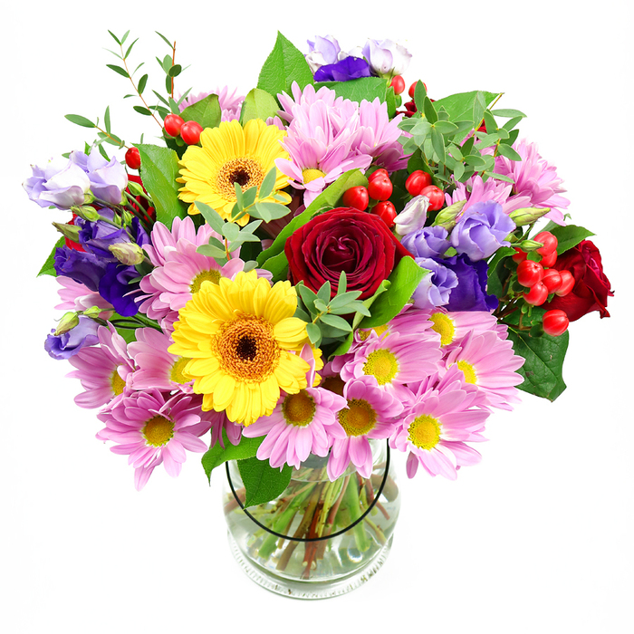 A full, rounded bouquet of mixed blooms is arranged in a clear glass vase and photographed in front of a clean white background, allowing the eye to rest on the colours and forms alone. At the centre, plush deep red roses unfold with velvety petals, providing a strong, romantic heart to the design. Close beside them, two bold yellow gerberas with dark brown-orange centres stand out, their clear daisy shapes and bright colour adding an immediate note of happiness. Encircling these key flowers is a generous ring of soft pink daisies or chrysanthemums, each one a delicate tier of slender petals around a small yellow centre, creating a soft pastel cushion that lightens the whole arrangement. Intermingled with the pink are elegant purple and lavender lisianthus flowers, their bell-like shapes and gently curled edges adding depth, coolness, and an almost whimsical movement. Dotted among the blooms, bright red hypericum berries form glossy clusters, introducing rounded forms and an extra dash of colour that catches the light. The bouquet is supported by various greens, including broad dark leaves and lighter, more airy sprigs that extend the silhouette and lend a fresh, garden-inspired character, reminiscent of a walk through the streets of Earlsfield in late spring. Through the transparent vase, trimmed stems fan into clear water, revealing the tidy, considered structure used by Earlsfield Flowers when crafting arrangements for local homes and offices. The overall impression is one of cheerful elegance and warm celebration, well suited to marking a birthday in a SW18 townhouse, sending congratulations to a colleague near Wimbledon Park Road, or simply brightening a kitchen table after a busy week.