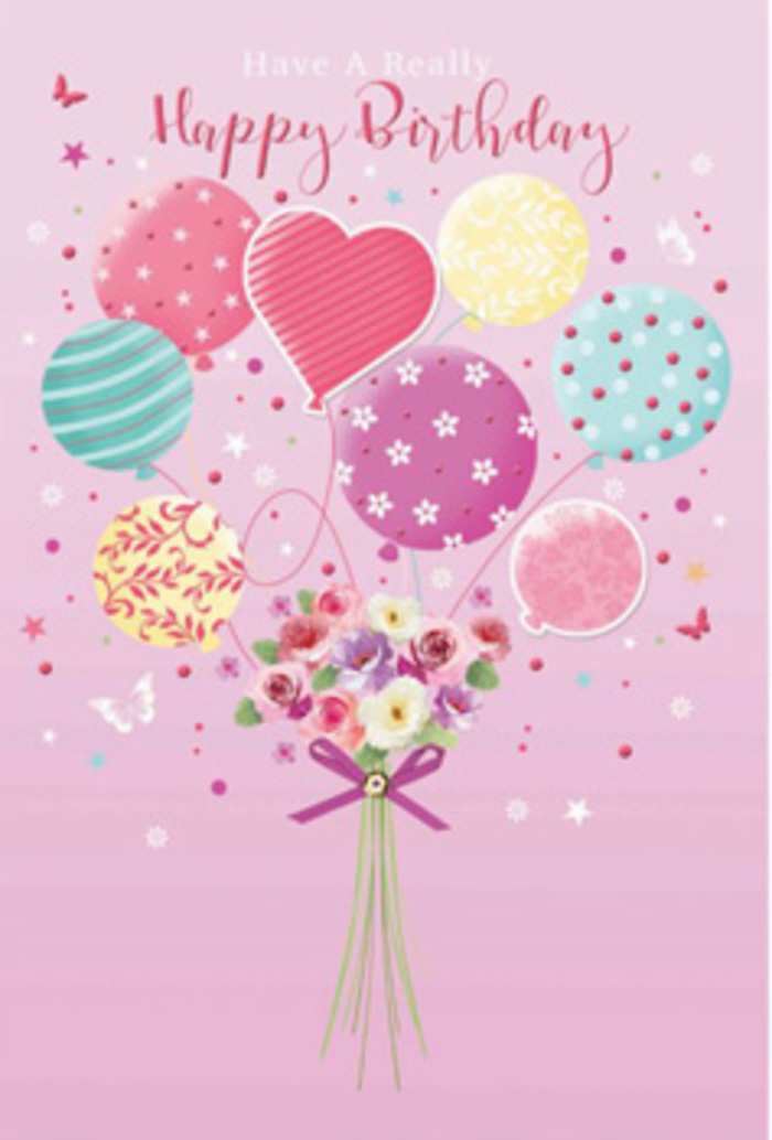 Delicate birthday card illustration where pastel balloons and a hand-tied bouquet create an uplifting scene reminiscent of a gentle Earlsfield afternoon. The backdrop is a soft, rosy pink wash that calls to mind the glow of sunset over King George's Park. From the lower centre, a compact bouquet of miniature roses and soft, daisy-like blooms is gathered tightly, their petals expertly shaded from warm cream and blush to mauve and deeper rose, giving a velvety texture you can almost feel. The stems are secured with a sparkling purple bow, its satin loops rounded and full, the ribbon tails curling with a careful, florist's touch. Above the bouquet, balloons in pastel tones of sea green, lemon yellow, lavender, baby blue, and sugar pink float upward in a loose cluster. Each balloon is decorated with a different playful pattern-some with candy-striped ribbons winding around their surface, others with dotting polka spots or delicate floral and swirl motifs that recall joyful celebrations along Garratt Lane. One balloon stands out in a heart shape, positioned near the centre like a visual promise of love and warm birthday thoughts. Soft light appears to spill from the side, creating highlights on the balloons' shiny surfaces and a gentle glow along the flower petals, bringing a sense of motion as if a mild breeze stirred by passing trains at Earlsfield station has just brushed through. Tiny butterflies and little starbursts hover around, giving the whole design a dreamy, storybook finish. The artwork conveys a mood of tender jubilation and thoughtful care, turning a birthday greeting into a floating moment of pastel colour and floral charm, perfectly at home in this welcoming corner of London.