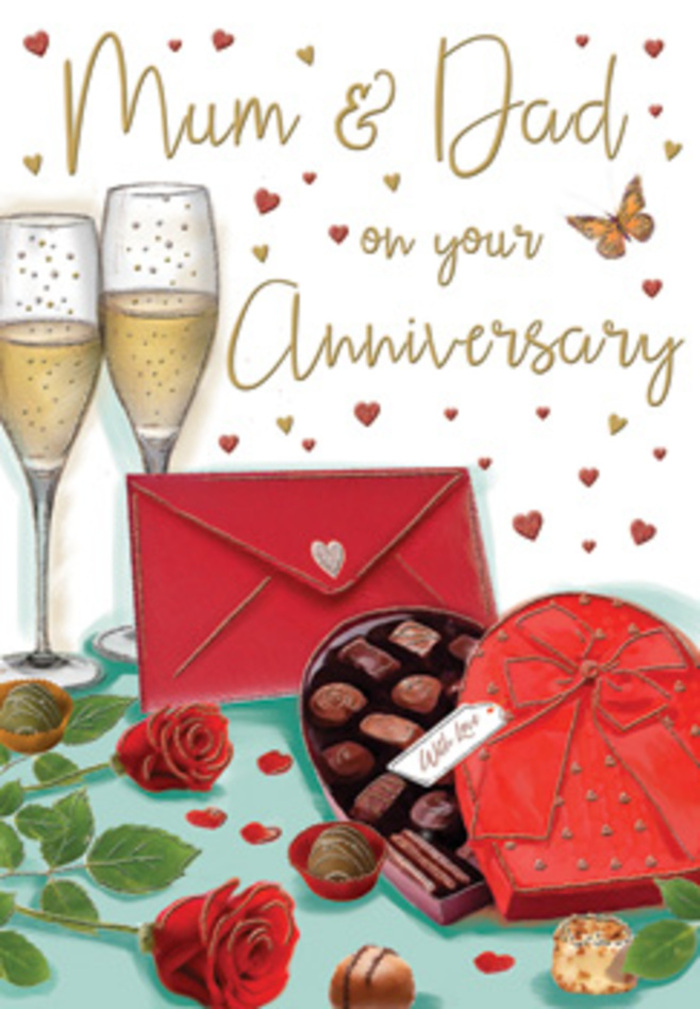Elegant anniversary card artwork that could easily depict a quiet celebration in an Earlsfield flat on a cool evening. The focal point is a pair of slender champagne flutes, standing close enough that their rims nearly touch, each one filled with sparkling golden wine whose bubbles rise in fine, steady streams. In front sits a heart-shaped box of chocolates, invitingly open to reveal meticulously arranged truffles, their glossy surfaces catching the ambient light. Draped across the lid, an extravagant red satin bow cascades in soft folds, its colour echoing the deep crimson hue of the two roses resting nearby. Those roses, with plush, velvety petals and rich green foliage, look freshly cut, like stems brought home from Earlsfield Flowers and laid gently on the table before being placed in a vase. Scattered throughout the background, tiny hearts in shimmering gold and ruby tones swirl around the hand-lettered message for Mum & Dad, giving the card a joyful yet refined rhythm. A scarlet envelope lies at the foot of the scene, its presence suggesting a carefully chosen anniversary card tucked inside, perhaps ready to be opened after dinner on a quiet street near Wandsworth Common. The scene is bathed in warm, flattering light that softens the edges of the glass and warms the chocolate tones, creating a sense of intimacy and nostalgia. Together, the roses, Champagne, chocolates, and handwritten sentiment form a visual tribute to enduring love, the kind that grows deeper with each year shared under the same Earlsfield roof.