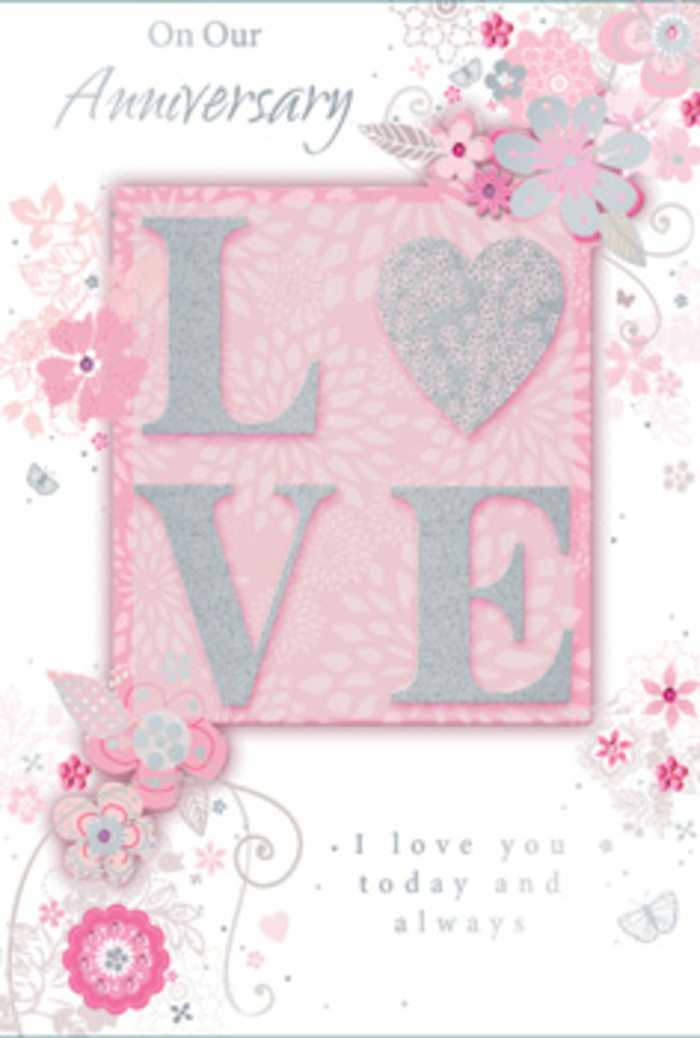 The anniversary card in this photograph evokes the feeling of bringing home a hand-crafted bouquet from a trusted Earlsfield florist. Dominating the centre of the design, the word LOVE appears in bold, raised capitals, each letter slightly rounded and generously dusted with fine glitter. The colours shift gently from blush pink to pearlescent white, with delicate sparks of silver that catch the light like morning sun glinting on petals in a shop window near Earlsfield station. The textured surface of the lettering looks pleasantly tactile, as though fingers would sense a soft, sandy shimmer. Around this central motif, a graceful tangle of stylised flowers and winding leaves spreads across the card, forming a loose, circular frame reminiscent of the way stems curve naturally in a hand-tied anniversary arrangement. The blooms are drawn in a delicate, almost pencil-like line, filled with soft washes of pastel pinks, creamy whites, and light grey, with tiny flashes of silver foil adding brightness without harshness. They rest on a gentle, powder-pink background that feels velvety and calm, lending the composition a dreamy intimacy, much like the quiet of residential streets off Garratt Lane at dusk. Small decorative elements-dots, curls, and fine filigree swirls-are scattered between petals and stems, giving a sense of motion as if a light breeze were passing through a garden. An elegant message appears in flowing grey script, expressing heartfelt anniversary sentiments about affection, trust, and shared years together. Overall, the card feels like a paper bouquet, perfectly suited to sit alongside fresh anniversary flowers delivered across Earlsfield, Wimbledon, or nearby Wandsworth, marking the milestone with quiet beauty and sincerity.