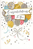 This congratulations card offers a charming snapshot of celebration, as if someone distilled an Earlsfield party into soft colours and metallic details. At its centre floats a rounded bouquet of illustrated balloons, layered so they seem to gently press and drift against each other. The balloons blush with tones of warm gold, cool silver, mellow champagne, clear sky blue, tender pink and misty grey, each finished with a delicate sheen that suggests light reflecting from a nearby window on Garratt Lane. Some are adorned with patterns of tiny stars, others with refined stripes, and a few shimmer with a dust-like glitter effect, hinting at texture and sparkle without overwhelming the design. Fine gold and silver ribbons trail from the base of the cluster, curling in relaxed, looping lines that recall the ribbons often tied around fresh bouquets collected from Earlsfield Flowers. A smooth, softly arched banner spans the centre of the arrangement, printed with the heartfelt phrase Congratulations To You in elegant, flowing script, giving the impression of a personal message thoughtfully chosen. All around, minute stars, swirling lines and scattered specks of confetti drift across a pale background, suggesting a gentle breeze carrying the last notes of cheering and applause. The mood is light, joyful and proud, well-suited to accompany flowers marking an exam success, a new job in SW18, or any milestone that deserves to be remembered. Seen through a florist's eye, this card complements both vibrant and neutral bouquets, adding a polished, celebratory touch that frames the recipient's achievement with warmth and genuine delight.