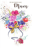This Mother's Day card radiates the joy of a freshly gathered bouquet, painted in fluid watercolour that seems to capture the easy charm of Earlsfield on a bright spring morning. At the centre, lush purples, playful pinks, and bold cerise blossoms cluster together, their petals shaped by confident indigo brushstrokes that give each flower character and life. Softer blue and lavender blooms weave between the warmer tones, while light touches of apricot and tender green resemble young leaves opening in gardens near Earlsfield station. Subtle gold accents trace the edges of petals and leaves, catching the eye with a gentle shimmer like sunlight sliding across the Wandle. The bouquet sits within the suggestion of a curved vase, finished with a graceful golden bow that recalls the satisfying feel of ribbon being tied around a hand-tied gift, ready for delivery to a local doorstep. Around the arrangement, small splashes of paint and drifting heart motifs float freely, like petals tossed in celebration at a family gathering. The clean white background keeps the design fresh and modern, allowing every colour to stand out while maintaining a soft, romantic atmosphere. The overall impression is one of warmth, gratitude, and affection: a floral embrace translated onto paper, offering a way to say thank you and I love you to a cherished mum in Earlsfield, whether she is just around the corner or cherished from afar.