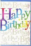 The card in the image radiates birthday joy with a design that feels as bright and welcoming as a stroll past Earlsfield Flowers on a sunny afternoon. Centred on the front is the bold phrase Happy Birthday, printed in large, rounded letters that give off a friendly, informal charm. Each letter is cloaked in a different hue, forming a full rainbow of colour across the card-think ruby and cherry reds flowing into satsuma oranges, mellow yellows glowing like fairy lights, then soft greens and aquas reminiscent of fresh foliage, followed by richer blues and velvety violets. The tones blend gently into one another, avoiding harsh edges, so the lettering appears soft, almost cloud-like, with an inviting depth. Supporting this main message is a background filled with repeated lines of Happy Birthday to you written in slender, looping gold script. The cursive text is small and delicate, forming a continuous pattern that shimmers quietly rather than demanding attention. Under certain angles, the gold glints as if dusted with fine glitter, similar to how evening light catches the tops of shopfronts along Garratt Lane. The card's base colour is a creamy, almost parchment-like white that adds warmth and ensures the rainbow letters and golden script remain the focal point. There are no additional graphics, borders, or photos; the simplicity of the layout lets the colours and metallic accents tell the story of celebration. It's a design that feels equally suitable for a milestone birthday or a simple, heartfelt greeting, ready to be paired with a vibrant bouquet and delivered anywhere around Earlsfield, Wandsworth Common, or towards Tooting for a truly memorable surprise.