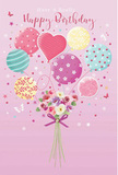 Whimsical birthday card scene showing a floating bouquet of pastel balloons and flowers, imagined as if it could drift above the rooftops of Earlsfield. The background is a soft, smooth pink reminiscent of an evening sky over King George's Park, calm and inviting. At the base of the image, a hand-tied cluster of petite roses and daisy-like blossoms forms a neat bouquet, with petals in creamy ivory, blush pink, mauve, and rosy fuchsia. Their shading suggests depth and velvety softness, much like fresh blooms ready for delivery from an Earlsfield florist on Garratt Lane. The flower stems are pulled together by a glossy violet satin bow, its loops plump and reflective, the ribbon ends curling with a subtle sparkle. Rising from behind this bouquet is a gentle cloud of balloons in pastel hues-sea green, lemon yellow, lavender, sugar pink, and pale aqua-overlapping to create a sense of height and lightness. Some balloons are wrapped in swirling candy stripes, others are peppered with playful polka dots, and a few carry delicate floral sprigs and curving lines, echoing party decorations fluttering in a garden birthday gathering. At the centre, a heart-shaped balloon radiates a slightly warmer tone, symbolising affection and heartfelt wishes. Tiny butterflies and star-like flecks flit around the arrangement, adding a dreamy, magical feel. Soft, diffused light highlights the balloon surfaces and edges of the petals, suggesting gentle movement, as though a light breeze is carrying this pastel celebration across the neighbourhood. The overall impression is one of sweetness, gentle joy, and carefully crafted beauty, ideal for a birthday greeting that feels personal and lovingly chosen.