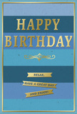 This birthday card combines cool blue tones with understated gold accents, creating an impression of calm celebration that fits perfectly with a relaxed Earlsfield birthday. The background is composed of broad horizontal blue stripes, each taking up a generous band of space from side to side. At the top, the richest navy blue sets a confident tone, gradually easing into softer teal and ocean shades, and finally into a light, airy sky blue near the bottom. This gradual shift feels like watching the sky brighten on a clear morning as you walk towards Wandsworth Common. The blues appear velvety and matte, without glare, giving the card a smooth, sophisticated look. Centered across these layers, HAPPY BIRTHDAY stands out in embossed metallic gold letters. The characters are bold but graceful, slightly raised from the surface so they would feel textured under a fingertip. The gold has a warm, subtle shine, catching imaginary light in a way that feels like gentle reflections from nearby shopfronts on Garratt Lane. Just below the main words, an ornate golden flourish adds a touch of classic charm, its curves echoing the sweep of handwriting. Beneath this flourish, three narrow golden banners are carefully stacked. Each ribbon carries a simple, inviting phrase in small lettering: Relax, have a great day and enjoy! The messages feel like a friendly reminder to step back from everyday busyness and savour the moment. A thin gold line runs around the entire edge of the card, neatly framing the blues and text. Set beside a bouquet delivered locally, this card would create a complete birthday scene that is gentle, stylish, and full of quiet thoughtfulness.