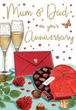 Tender anniversary card illustration that conjures a homely Earlsfield celebration, as if sketched from a moment at the kitchen table after the children are asleep. In the centre, two tall champagne flutes shimmer with pale golden fizz, their delicate stems almost touching, suggesting a quiet, shared toast between long-married partners. At their base, an open heart-shaped box presents an array of chocolates, each piece nestled in its own little cradle, the whole box crowned with a lavish red bow whose satin loops drape gracefully across the lid. To one side, two full-headed red roses lie gracefully on the tabletop, petals velvety and richly saturated, with bright green leaves adding a fresh, just-delivered feel-like flowers brought in from a nearby Earlsfield florist on Garratt Lane. Scattered across the background, tiny hearts in ruby and gold tones float around the lovingly penned Mum & Dad message, giving the card a sense of movement and joy. A scarlet envelope rests at an inviting angle, its flap neatly closed, hinting at a personal note inside, perhaps recalling years of anniversaries celebrated between Wandsworth Common and the quieter side streets of Earlsfield. Soft, ambient lighting washes over the entire scene, catching glints on the glass and gentle highlights on the chocolates and ribbon, while the roses appear almost touchable. The effect is intimate and warm: a still image that captures the sweetness of chocolate, the sparkle of Champagne, and the steady comfort of lifelong love honoured in a simple, heartfelt way.
